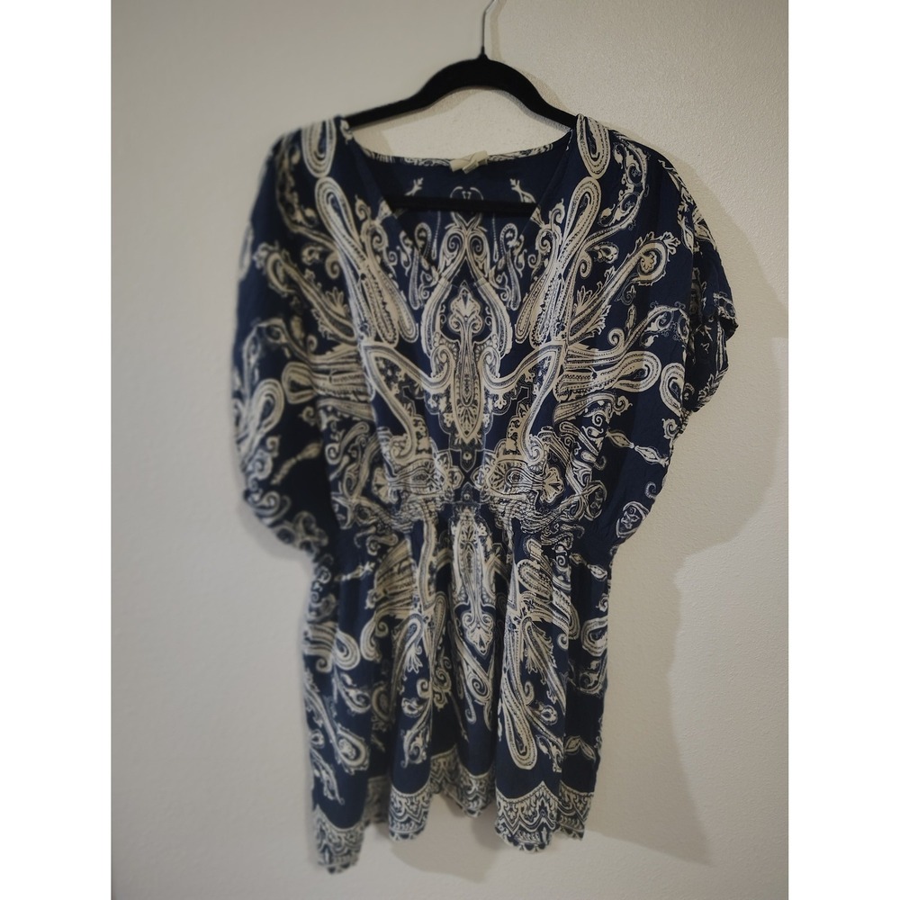 St Johns Bay Womens 2X Navy Blue‎ Paisley Rayon Empire Waist Tunic Top Blouse